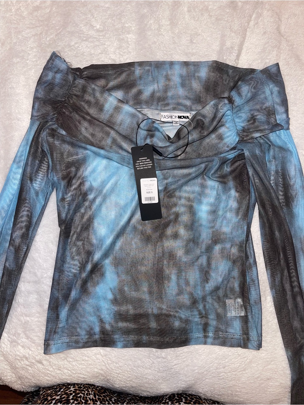 Fashion Nova Blue & Gray Tie-Dye Off-Shoulder Long Sleeve Top
